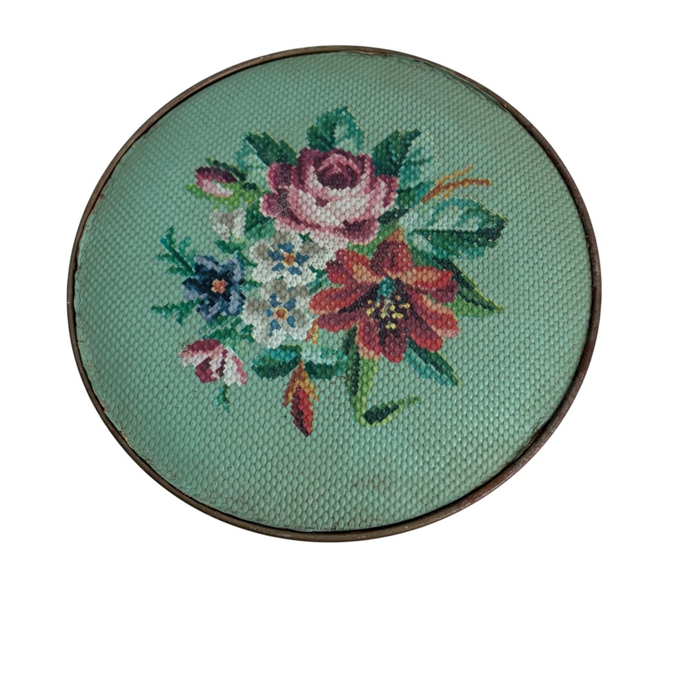 VTG Daher England Round Floral Tin Faux Needlepoint Mint Green Decorative Box